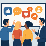 Schema de gens qui parlent des differents boutons de reseaux sociaux etudies en formation de community manager MyformaBox