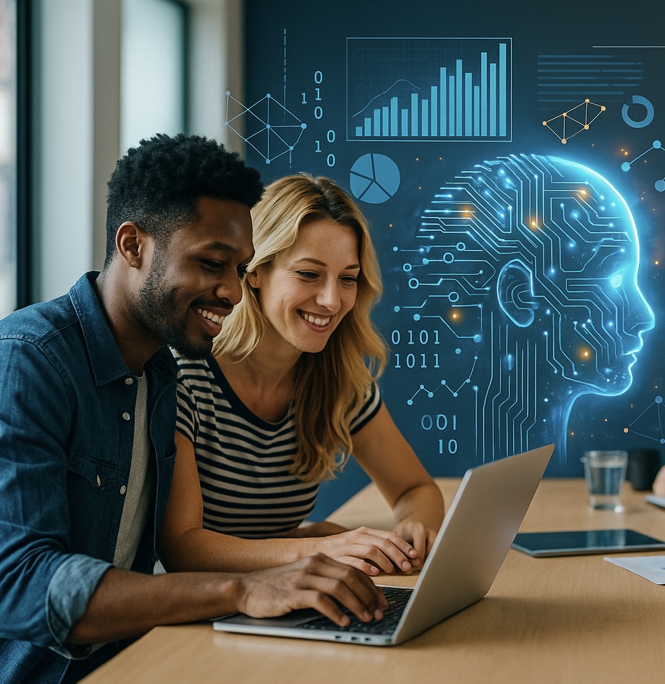 Deux jeunes stagiaires en formations professionnelles MyFormaBox sur l'IA